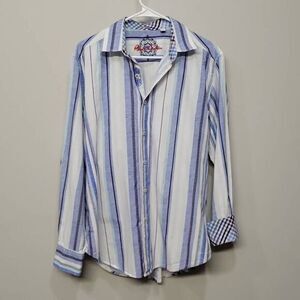 Robert Graham Shirt Size M Blue White Stripe Flip Cuff 100% Cotton Long‎ Sleeve
